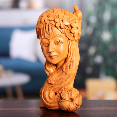 Wood sculpture, 'Nature’s Tranquility' - Hand-Carved Kadam Wood Sculpture of Mother Nature