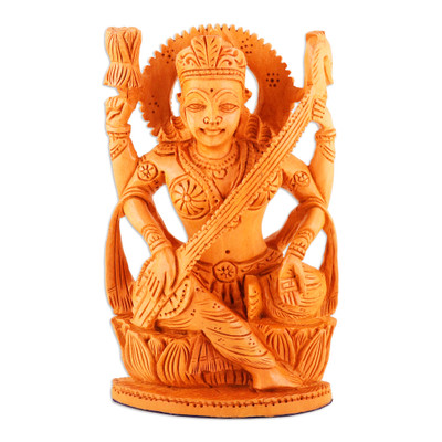 Wood sculpture, 'Divine Melody' - Hand-Carved Kadam Wood Sculpture of the Saraswati Goddess