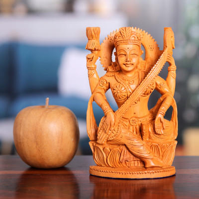 Wood sculpture, 'Divine Melody' - Hand-Carved Kadam Wood Sculpture of the Saraswati Goddess