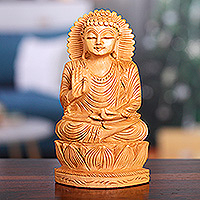 Wood sculpture, 'Enlightened Sanctity' - Hand-Carved Kadam Wood Sculpture of Master Buddha