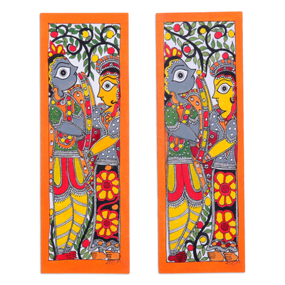 Madhubani painting, 'Eternal Devotion' (pair) - Vegetable Dye Madhubani Painting of Krishna and Radha (Pair)