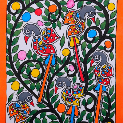 Madhubani painting, 'Dance of Peafowls' - Traditional Vegetable Dye Orange Madhubani Painting of Birds