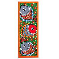 Madhubani painting, 'Fish Trio' - Traditional Vegetable Dye Vibrant Madhubani Painting of Fish