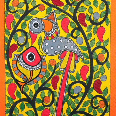 Madhubani painting, 'Harmonious Dance' - Vegetable Dye Orange Madhubani Painting of Birds and Fish