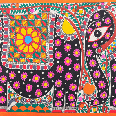 Madhubani painting, 'Royal Elephants' - Elephant-Themed Floral Vegetable Dye Madhubani Painting