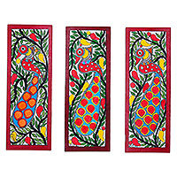 Madhubani paintings, 'Peacock' (set of 3) - Set of 3 Peacock-Themed Vegetable Dye Madhubani Paintings