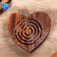 Wood maze game, 'Heart Roads' - Heart-Shaped Polished Acacia Wood Labyrinth Game from India