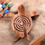 Wood maze game, 'Turtle Roads' - Turtle-Shaped Polished Acacia Wood Labyrinth Game from India
