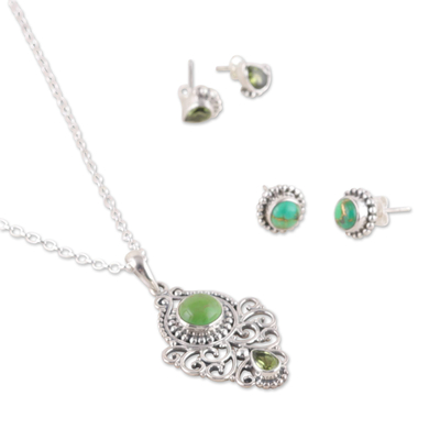 Peridot jewelry set, 'Green Arcadia' - Peridot and Composite Turquoise Necklace and Earrings