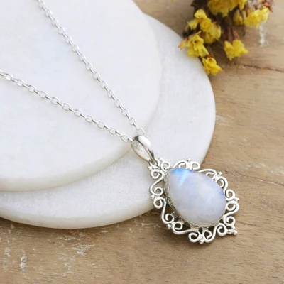 Rainbow moonstone pendant necklace, 'Harmonious Illusion' - Sterling Silver Pendant Necklace with Rainbow Moonstone