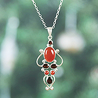 Carnelian and garnet pendant necklace, 'Romances' - Two-Carat Carnelian and Garnet Pendant Necklace from India