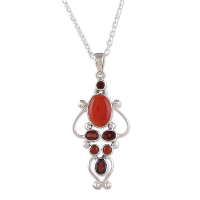 Carnelian and garnet pendant necklace, 'Romances' - Two-Carat Carnelian and Garnet Pendant Necklace from India