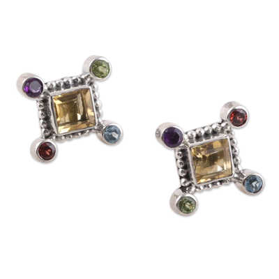 Multi-gemstone button earrings, 'Color Dimensions' - Three-Carat Multi-Gemstone Sterling Silver Button Earrings