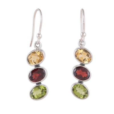 Multi-gemstone dangle earrings, 'colour Stairs' - Six-Carat Multi-Gemstone Dangle Earrings with Oval Jewels