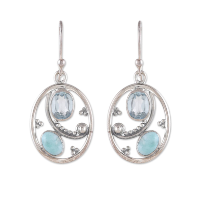 Blue topaz and larimar dangle earrings, 'Heaven's Mirror' - Oval Dangle Earrings with Blue Topaz and Larimar Gems