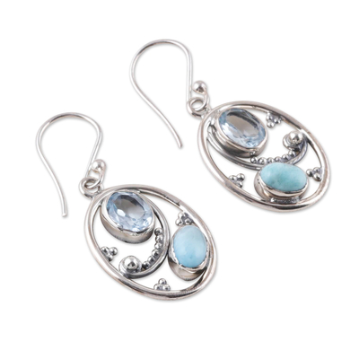 Blue topaz and larimar dangle earrings, 'Heaven's Mirror' - Oval Dangle Earrings with Blue Topaz and Larimar Gems