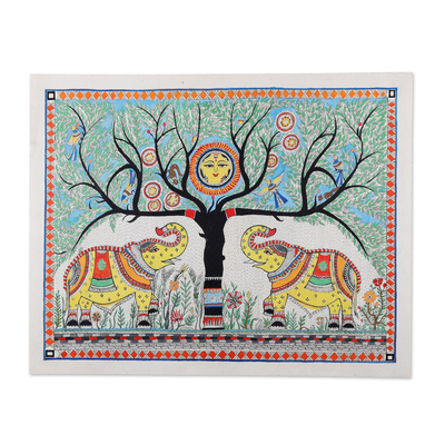 Madhubani painting, 'Elephant Salute' - Poster color & Watercolor Madhubani Art of Elephant and Tree