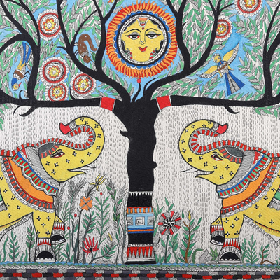 Madhubani painting, 'Elephant Salute' - Poster color & Watercolor Madhubani Art of Elephant and Tree