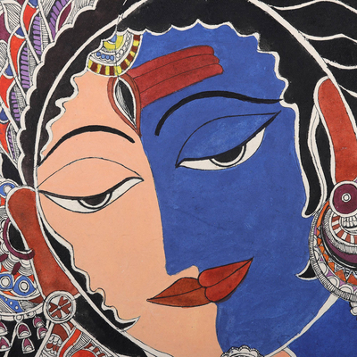 Madhubani painting, 'Ardhanarishwara' - Ink & Watercolor Madhubani Art Indian Gods Shiva and Parvati