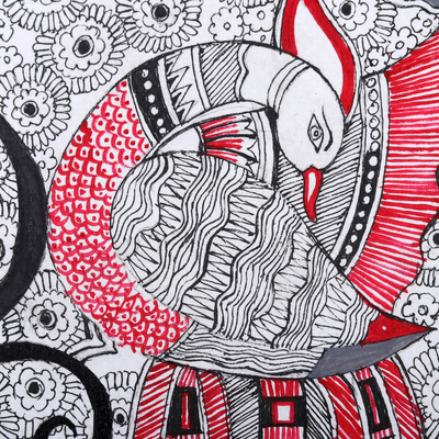 Madhubani painting, 'Majestic Peacock' - Acrylic & Ink on Cotton Paper Peacock Madhubani Art