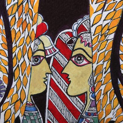 Madhubani painting, 'Man, Woman and Tree of Life' - Acrylic & Ink Madhubani Art of Man Woman and Tree of Life