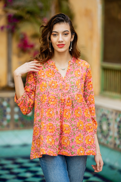 Block-printed cotton tunic, 'Spring Morning Marigold' - Block-Printed Floral Pink and Yellow Cotton Tunic from India