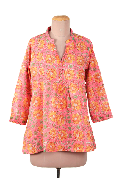 Block-printed cotton tunic, 'Spring Morning Marigold' - Block-Printed Floral Pink and Yellow Cotton Tunic from India
