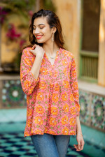 Block-printed cotton tunic, 'Spring Morning Marigold' - Block-Printed Floral Pink and Yellow Cotton Tunic from India