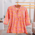 Block-printed cotton tunic, 'Spring Morning Marigold' - Block-Printed Floral Pink and Yellow Cotton Tunic from India