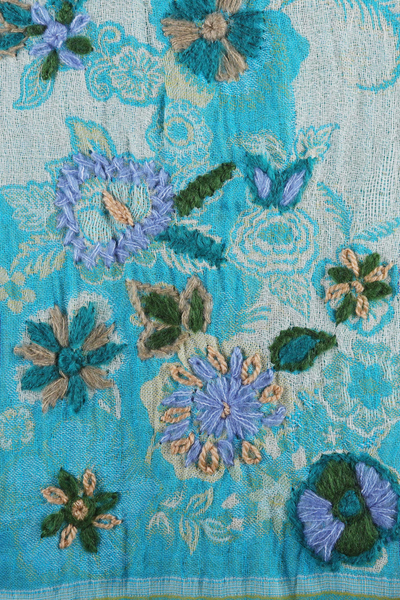 Hand-embroidered wool and cotton blend shawl, 'Floral Whispers' - Hand-Embroidered Wool and Cotton Blend Shawl in Blue