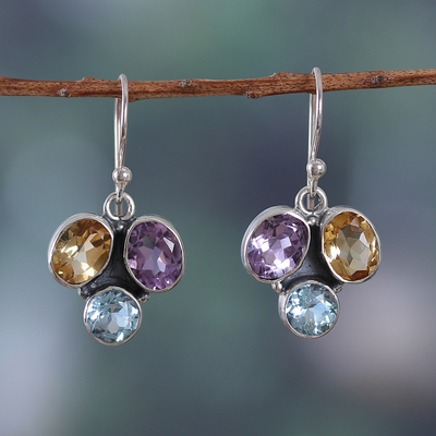 Multi-gemstone dangle earrings, 'Divine Essences' - Polished Seven-Carat Multi-Gemstone Dangle Earrings