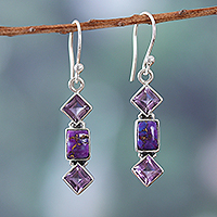 Amethyst dangle earrings, 'Wise & Mystic' - Purple Amethyst and Composite Turquoise Dangle Earrings