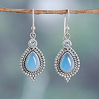 Chalcedony and blue topaz dangle earrings, 'Heaven's Triumph' - Chalcedony Cabochon and Blue Topaz Dangle Earrings