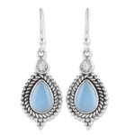 Chalcedony and blue topaz dangle earrings, 'Heaven's Triumph' - Chalcedony Cabochon and Blue Topaz Dangle Earrings