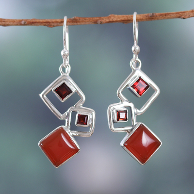 Garnet and carnelian dangle earrings, 'Nouvelle Red' - Geometric Natural Garnet and Carnelian Dangle Earrings