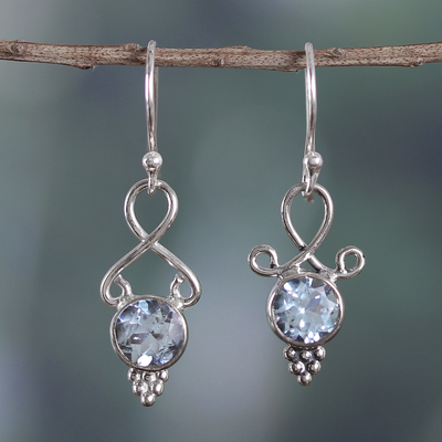 Blue topaz dangle earrings, 'Loyal Reflection' - Three-Carat Faceted Round Blue Topaz Dangle Earrings