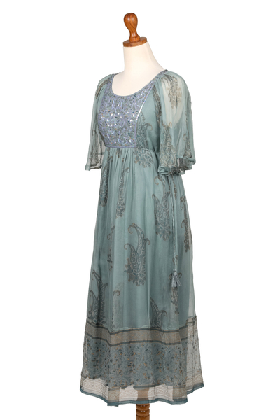 Block-printed viscose empire waist dress, 'Mint Sophistication' - Embellished Block-Printed Mint Viscose Chiffon Dress