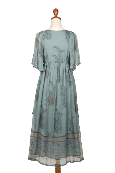 Block-printed viscose empire waist dress, 'Mint Sophistication' - Embellished Block-Printed Mint Viscose Chiffon Dress
