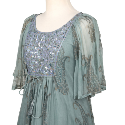 Block-printed empire waist dress, 'Elegant Entrance' - Embellished Block-Printed Mint Viscose Chiffon Dress