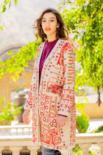 Embroidered cotton jacket, 'Thread Riddles' - Cotton Kimono Jacket with Red Embroidery