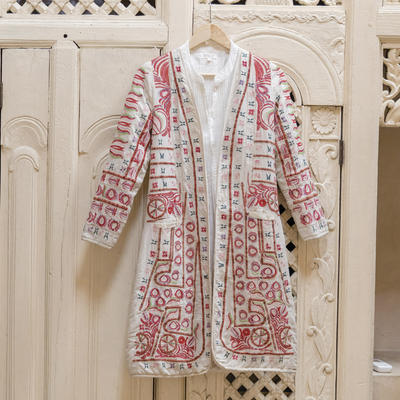 Embroidered cotton kimono jacket, 'Thread Riddles' - Cotton Kimono Jacket with Red Embroidery