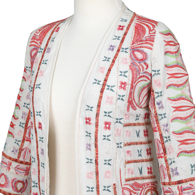 Embroidered cotton jacket, 'Thread Riddles' - Cotton Kimono Jacket with Red Embroidery