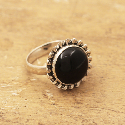 Onyx cocktail ring, 'Midnight Bloom' - 925 Silver Cocktail Ring with Black Onyx Stone from India
