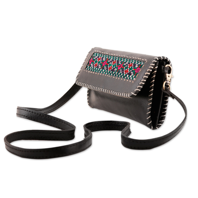 Embroidered leather sling, 'Kutch Magic' - Black Leather Sling with Colorful Cotton Kutch Embroidery