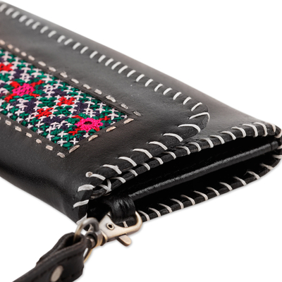 Embroidered leather sling, 'Kutch Magic' - Black Leather Sling with Colorful Cotton Kutch Embroidery
