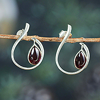Garnet dangle earrings, 'Regal Drop' - High-Polished Natural Garnet Dangle Earrings from India