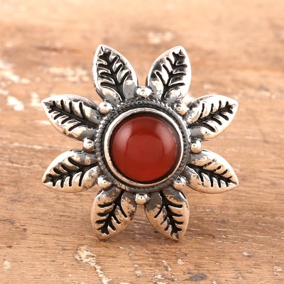 Carnelian single stone ring, 'Sunset Bloom' - Floral Sterling Silver Single Stone Ring with Carnelian Gem