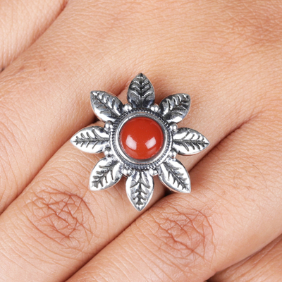 Carnelian single stone ring, 'Sunset Bloom' - Floral Sterling Silver Single Stone Ring with Carnelian Gem