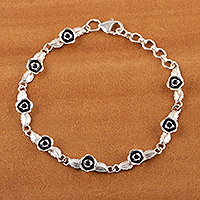 Sterling silver link bracelet, 'Blue Rose Bouquet' - Rose-Themed Sterling Silver Link Bracelet with Blue Accents
