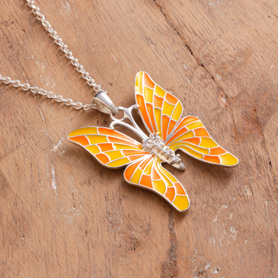 Sterling silver pendant necklace, 'Butterfly's Spring Colors' - Yellow and Orange Sterling Silver Butterfly Pendant Necklace
